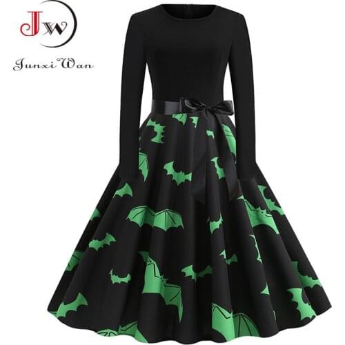 Autumn Winter Elegant Women Halloween Dress O Neck Long Sleeve Black Print Vintage Party Sundress Robe Plus Size