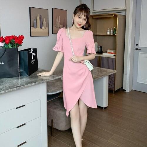 S-XL Plus Size Sheer Mini Summer Dress 2021 Asymmetrical Short Puff Sleeve Dress Ladies Yellow Pink Casual Dress Korean Fashion