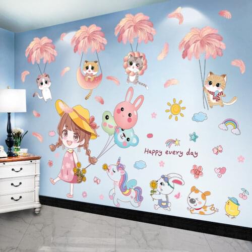 [SHIJUEHEZI] Cats Feathers Wall Sticker DIY Girl Animals Wall Decals for Kids Room Baby Bedroom Children Nursery Home Decoration