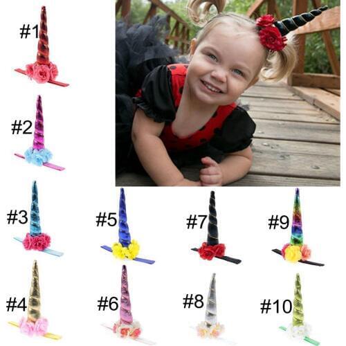 Yundfly New Newborn Glitter Solid Flower Unicorn Horn Headband Baby Girls Hairband