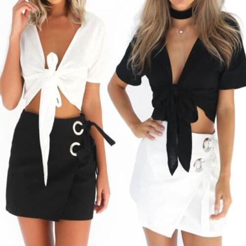 2021 Summer Women Casual Short Blouse Shirts V Neck Lace Up Short Sleeve Shirts Fashion Female Blouses Tops