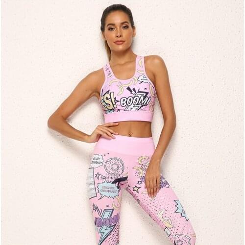 Womens Cartoon Print Stretchy Sports Clothing Fitness Workout Two Piece Outfits Elastic Slim High Waist Ankle Length Pants Sets