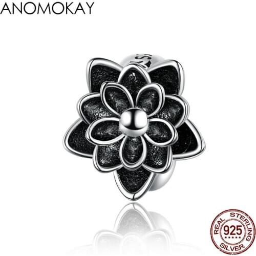 Anomokay 925 Sterling Silver Black Enamel Flower Lotus Charm for Bracelet Bangle S925 Silver Black Flower Bead for DIY Jewelry