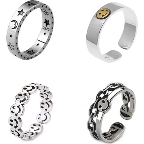 Vintage Ancient Silver Smiling Face Rings for Women Metal Punk Hip Hop Fashion Chain Women Ring Handmade Jewelry 2021 Korean New