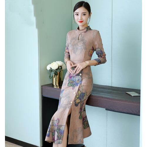 Mermaid Dresses For Women 2019 Autumn Long Sleeve Vintage Robe Femme Print Floral Elegant Banquet Vestidos AA4719