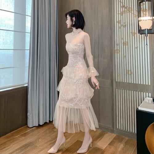 2020 Autumn Sexy Pink Dresses for Women Mesh Patchwork Long Sleeve Midi See Through Tube Dress Ladies Sequin Sheer Dress Woman