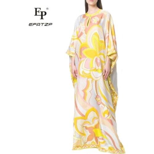 EFATZP New Womens Wear Middle East Fashion Show Loose Large Size Geometric Printed canftan Knitted Elastic silk jersey Dresses
