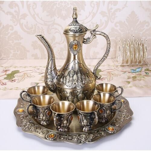 8pcs/lot Liquor wine set retro bronze wine glass hip flask carving European style living room table decoration
