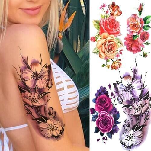 Watercolor Lily Flower Temporary Tattoos For Women Men Realistic Rose Peony Fake Tattoo Sticker Waterproof Tatoo Plum Blossom
