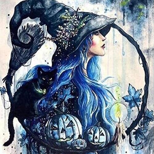 DIY Full Diamond Painting Witch Black Cat Cross Stitch 5D Embroidery Diamond Mosaic Icon Evil Painting Cool Girl Room Decor Gift