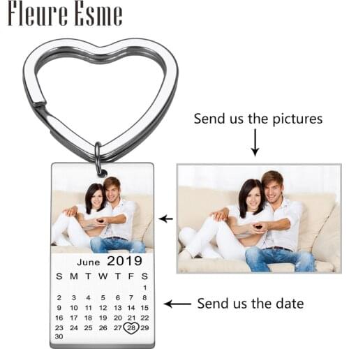 Personalized Calendar Photo Keychain Engraved with Your Date Text Stainless Steel Keyring Wedding Anniversary Keyring Gift