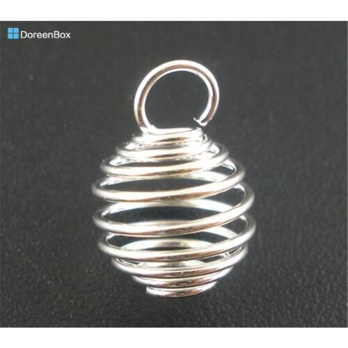 Doreen Box Lovely 100 PCs Silver color Spiral Bead Cages Pendants Findings Components (Fit For Beads 8mm Dia) 8x9mm (B04016)