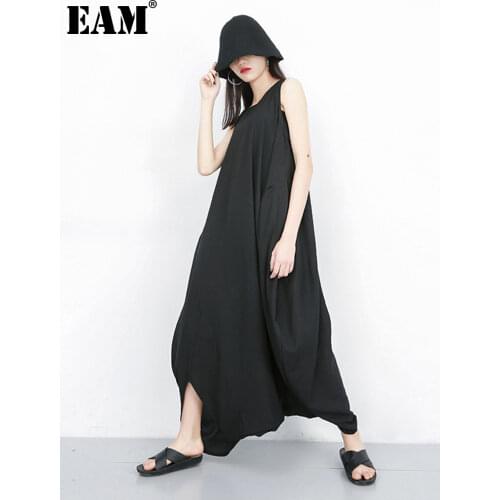 [EAM] Loose Fit Women Black Big Size Long Jumpsuit New High Waist Pocket Stitch Pants Fashion Tide Spring Summer 2021 1DD2310