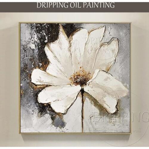 Artist Pure Hand-painted High Quality Gift Craft White Flower Oil Painting on Canvas Knife Textured White Flower Oil Painting