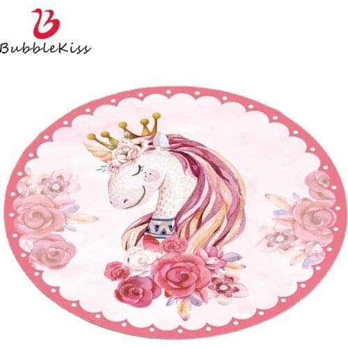 Bubble Kiss Cute Cartoon Round Carpet Pink Unicorn Pattern Girls Bedside Floor Rugs Foldable Home Decor Rug Area Anti Slip Mats