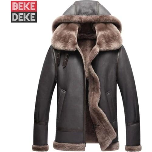 Vintage Business Men Natural Sheep Shearling Cargo Coat Warm Real Wool Lining Overcoat Man Hoodie Aviator Genuine Leather Jacket