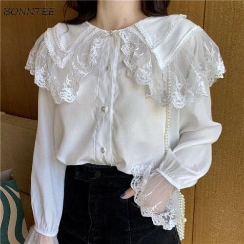 New Casual Shirts Women Single-Breasted Straight Kawaii Thin Lace Cute Turn-down-collar Summer Korean Style Sweet Ins Harajuku
