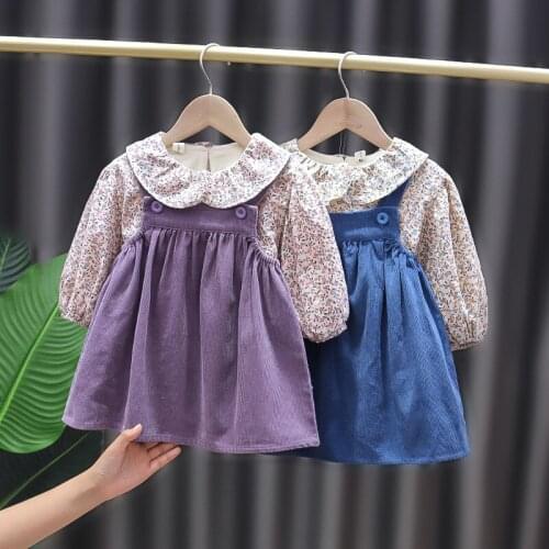 Autumn And Winter New Kids Clothes Baby Girl Cute Floral Doll Shirt Top Plus Velvet Strap Dress 2-Piece Suit Children Clothing