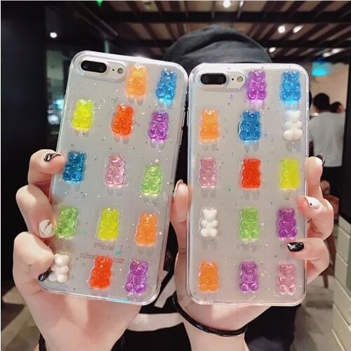 Cute 3D Candy Bear Transparent Glitter Cover for iPhone 12/11 ProMax XR XS Soft Silicon Case for iPhone 8 7 6S Plus Capa Hoesjes