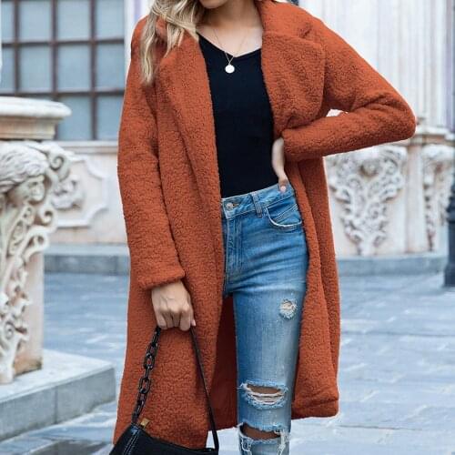 Dropshipping!! Women Winter Faux Fleece Long Sleeve Lapel Warm Coat Jacket Open Front Overcoat