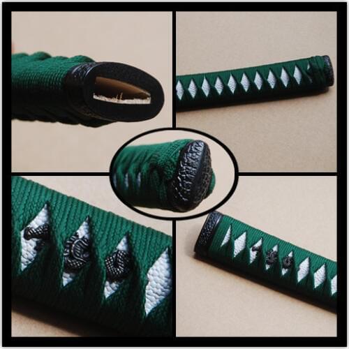 Straight Tsuka Green Silk Ito & Imitated White Rayskin & Alloy Fuchi Kashira for Japanese Samurai Sword Katana Handle Fitting H8