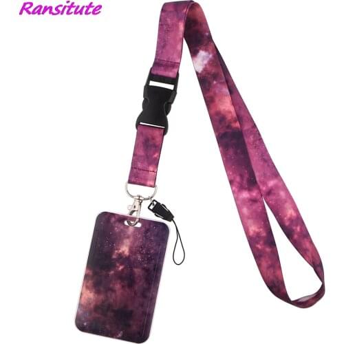 Ransitute R1770 Pink Universe Starry Sky Lanyard Credit Card ID Holder Badge Student Travel Bank Bus Business Card Cover Badge