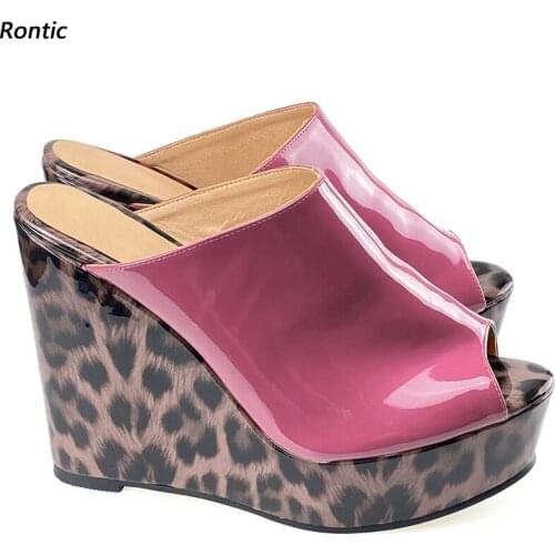 Rontic Women Platform Mules Sandals Glossy Leopard Patent Leather Wedges Heels Open Toe Pink Black Club Shoes Size 34 45 47 52