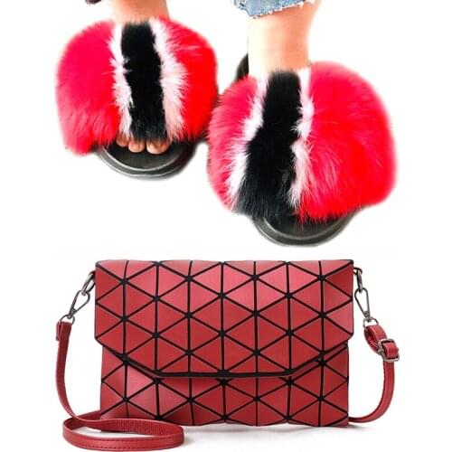 Summer Women Shoes Women Fox Fur Slippers Fashion Fur Slippers New Ladies Bags Shoulder Bags Rhombus Messenger Small Square Bags