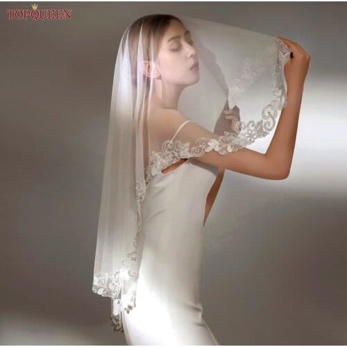 TOPQUEEN V60 Simple Elegant Wedding Veil with Bead Lace Edge for Women Wedding Party Bridal Veils Cover Front and Back VEU
