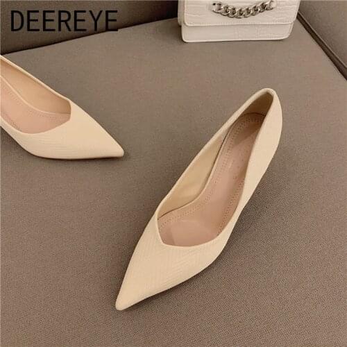 Ladies High Heel Pumps Women Mary Jane Medium Office Dress Slip On Pointed Toe V Shape Shoes Black Gray Apricot Summer 2021