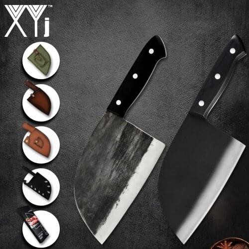 XYj Butcher Cleaver Knife Set Leather Plastic Cover Sheath 6.5'' 7'' INCH Stainless Steel Handmade Forged Knife Damascus Pattern