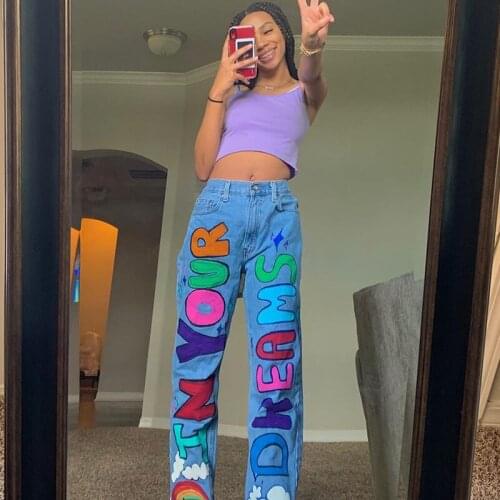 Y2K Cute Graphic Letter Printing Loose Womens Jeans Pants High Waist Wide Legs Pink Denim Fashion Street Clothing Girls 90s
