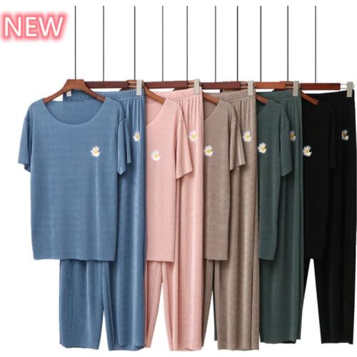 Womens Modal Pajamas Set Print Sleepwear Set Top Solid Pajama 2Piece/Suit Short Sleeves Shirt Pant Lingerie Women Homewear