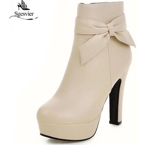 Sgesvier Bowtie platform shoes woman ankle boots party zip solid womens boots spring autumn fashion wedding shoes botas OX534