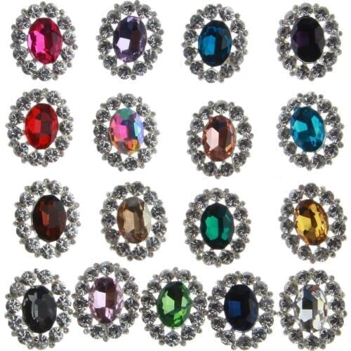 10PCS 25mm*31mm Sparking Silver Plated Metal Alloy Rhinestone Embellishment For Wedding Invitation Flatback Crystal Buttons