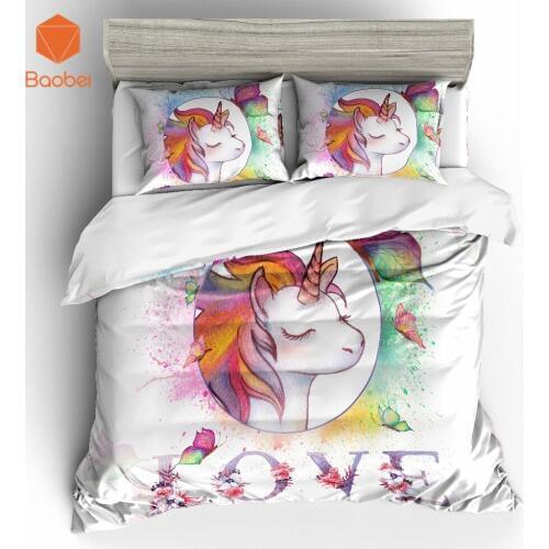 2/3Pcs 3D Cute Cartoon LOVE Unicorn Bedding Set Pillowcases Duvet Cover Quilt Cover For Kids Queen King Sizes Bedspreads Sj234