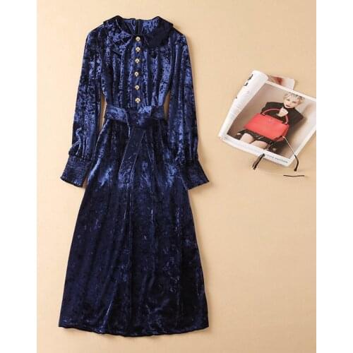 2021 Fashion Designer Dress Women Runway New Solid Button Decoration Long Sleeve Elegant Vintage Velvet Dresses
