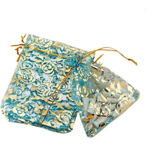 50pcs Rose Pattern Candy Bags Jewelry Packaging 7*9cm Wedding Drawable Organza Gift Packaging Bags Cheap Pouches Bags 5ZSH332