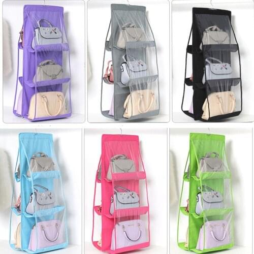 6 Pocket Hanging Handbag Organizer for Wardrobe Closet Transparent Storage Bag Door Wall Clear Sundry Shoe Bag with Hanger Pouch