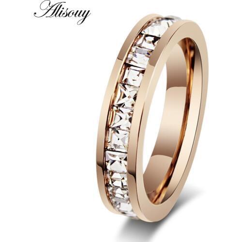 Alisouy Titanium Steel Princess Cut CZ Ring wedding Bands Rose Gold Filled crystal Women' ring Size 5-10 simple finger ring