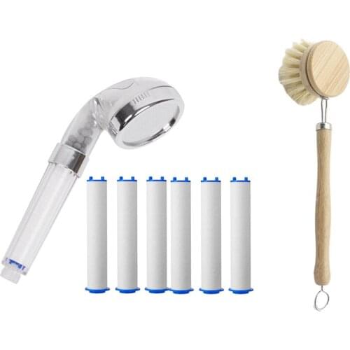 Wooden Handle Bamboo Bowl Brush, Long Handle Dish Washer & Bathroom Handheld Shower Water Saving Head Set with 6 Filters
