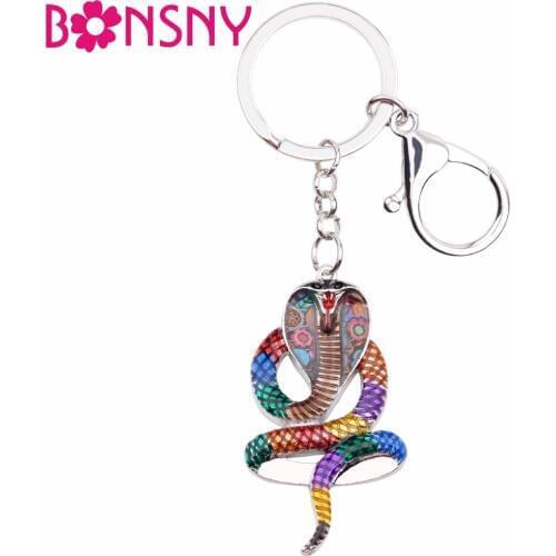 Bonsny Enamel Alloy Cobra snake Key Chains Ring Gift For Women Girl Handbag Charms Keychain Car Key Keyring Animal Jewelry