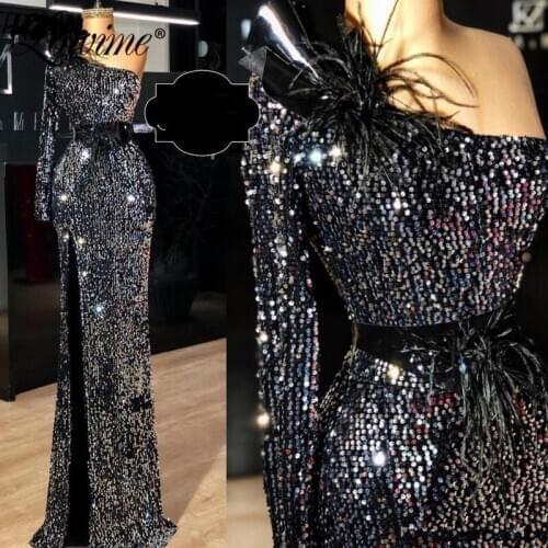 One Shoulder Black Sequined Prom Dresses 2020 Custom Made Feather Evening Gowns Mermaid Party Dress Robe De Soiree Vestidos
