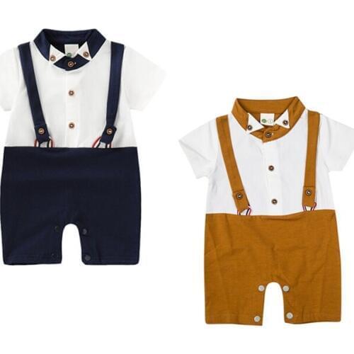 2019 Baby Boy Gentleman Formal Outfits Romper Suspender Overalls Kids Children Summer Rompers Christening Baptism Party Costume