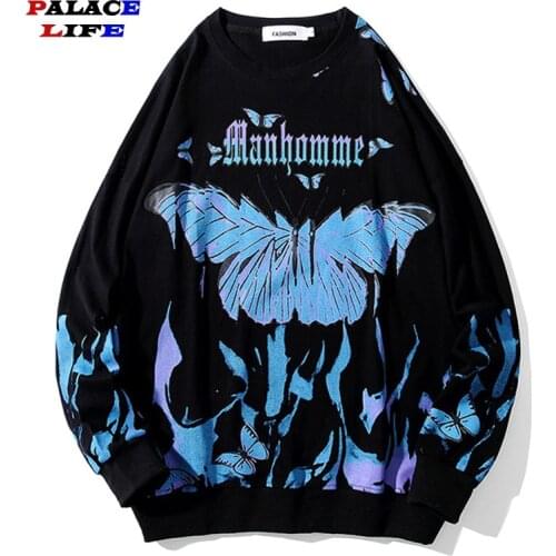 Hip Hop T Shirt Men Streetwear Blue Butterfly Print Long Sleeve Harajuku Oversized 5XL Cotton Loose Tshirts Mens Fashion Tops