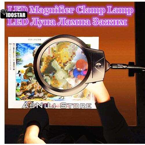 Diamond painting tools New lighted magnifying glass clip-on desktop LED desk lamp reading large lens magnifying glass with clip
