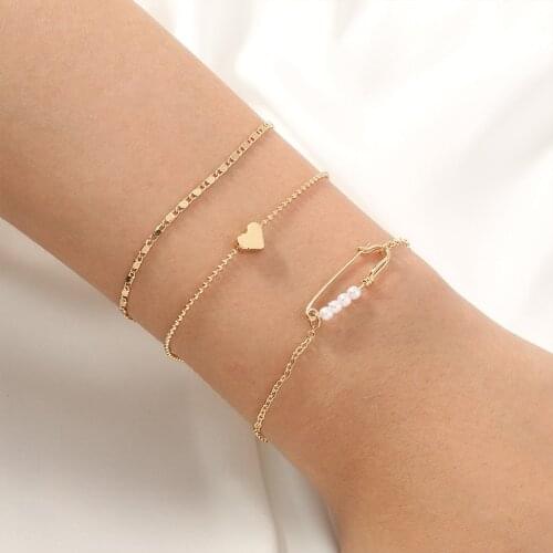 Creative Multi-layer Heart-shaped Pin Pearl Bracelet Charming Womens Wedding Gold Hand Chain Romantic Jewelry Gift