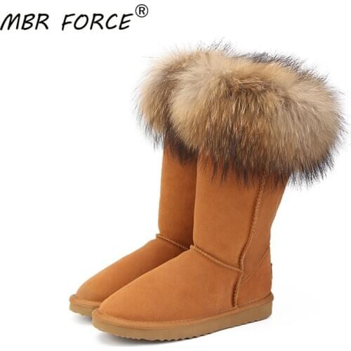 MBR FORCE Natural Real Fox Fur Womens Winter Snow Boots Warm Long Boots Genuine Cow Leather High Winter Boots Women Shoes