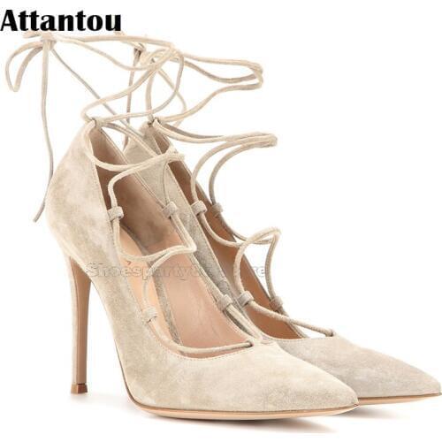 Fashion Beige Black Suede Leather Pointed Toe Gladiator Pumps Shoes Women Lace Up High Heels