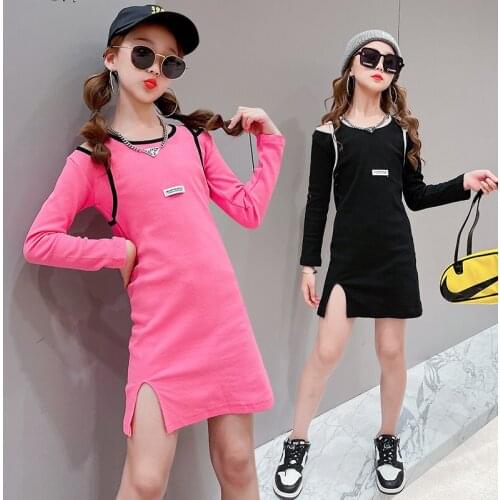 Fashion Kids Dresses For Girls Show Shoulder Slim dress Cotton Girls Childrens Clothes Long Sleeve Knee dresses Casual Vestidos